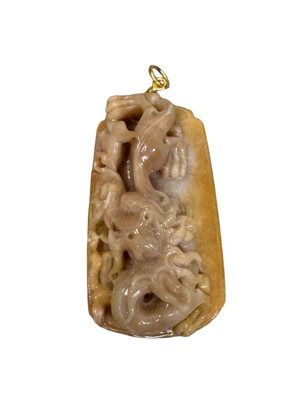 Vintage Carved Yellow Jade Pendant Double Sided 3d Dragon Motif & 18K Gold Bail